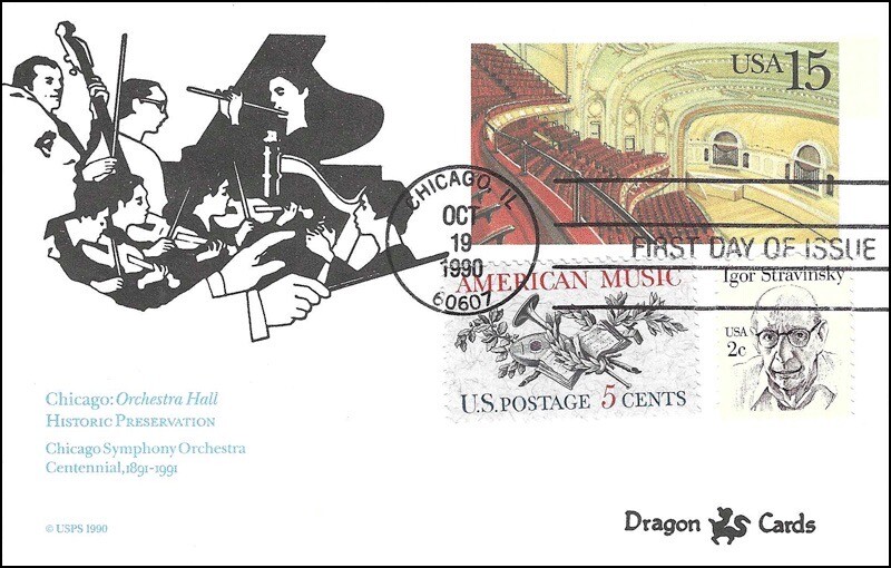 Sc. UX152 Chicago Symphony Hall postcard Dragon Cards Combo FDC
