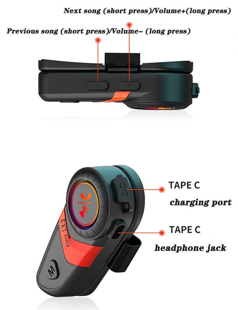 BT Wireless Bluetooth Helmet Intercom Headset TYPE-C Charging Fit For Motorcycle