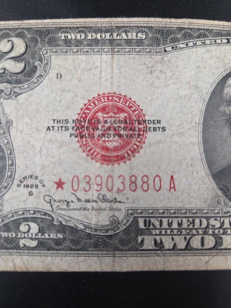 1928-G $2 US Bank Note Red Seal Star. Fine Shape