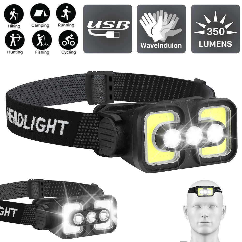 COB LED Headlamp Headlight Flashlight Torch USB Rechargeable Waterproof Sensor