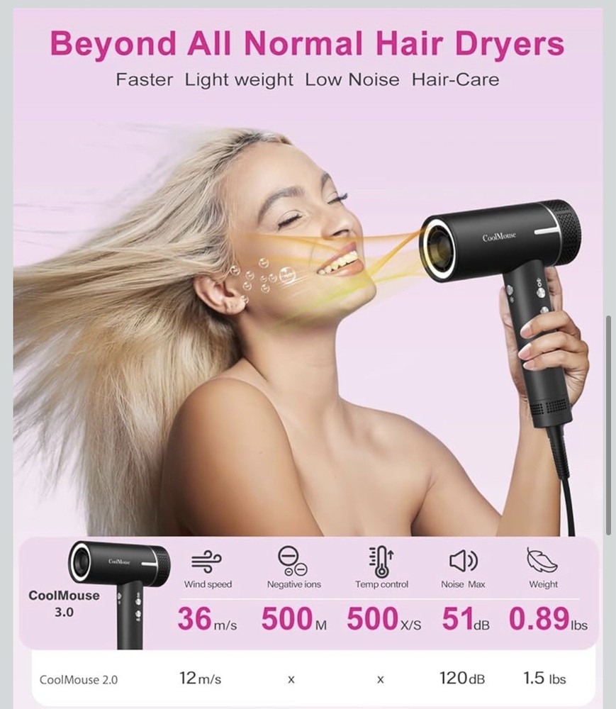 CoolMouse High-Speed Ionic Hair Dryer Fast Drying Low Noise