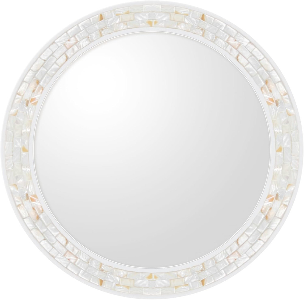 30" White Round Bathroom Mirror with Natural Shell Mosaic Frame