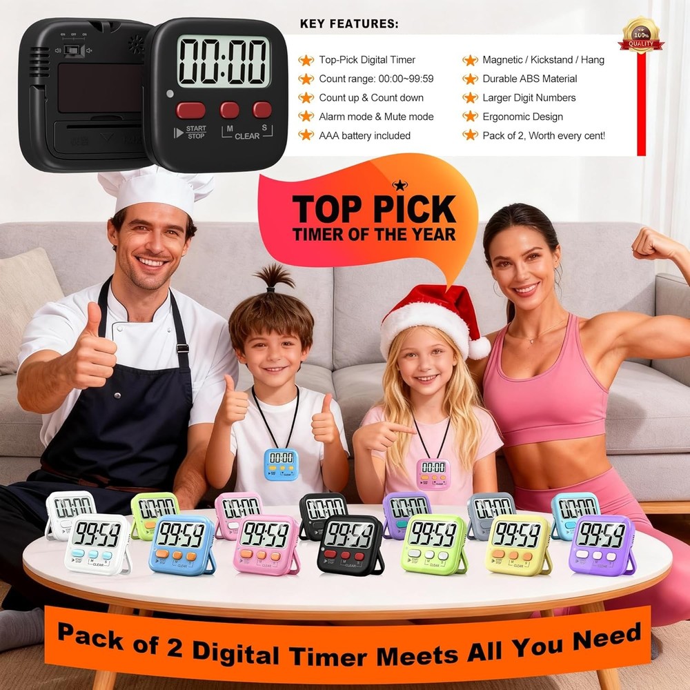 Antonki 2 Pack Digital Kitchen Timer Magnetic Countdown Kids Cooking Study Clock