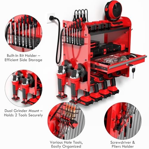 Power Tool Organizer Wall Mount with Drill Rack & Locking Drawers - Heavy Red
