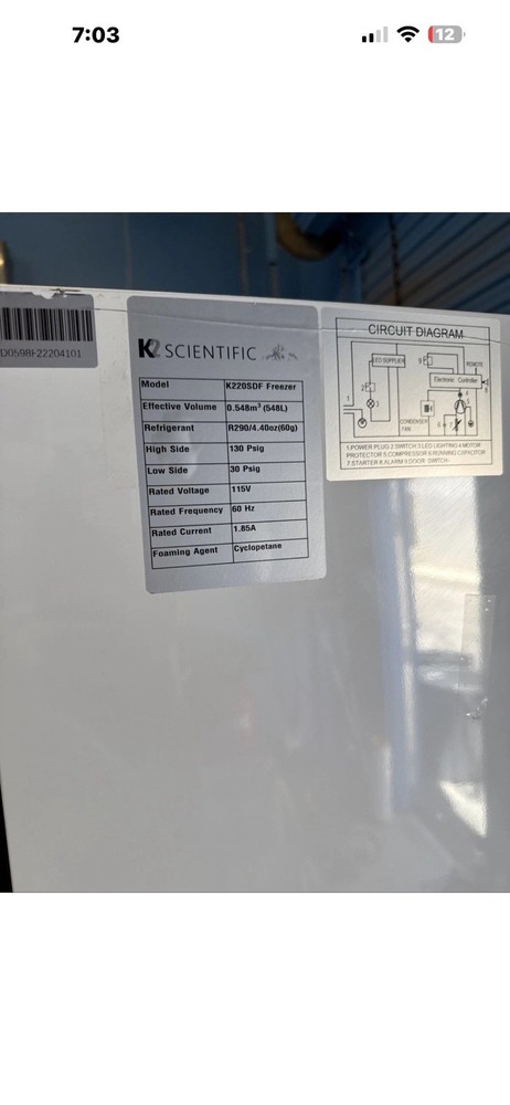 K2 scientific 20 Cu. Ft. Upright Solid Door pharmaceutical / laboratory Freezer