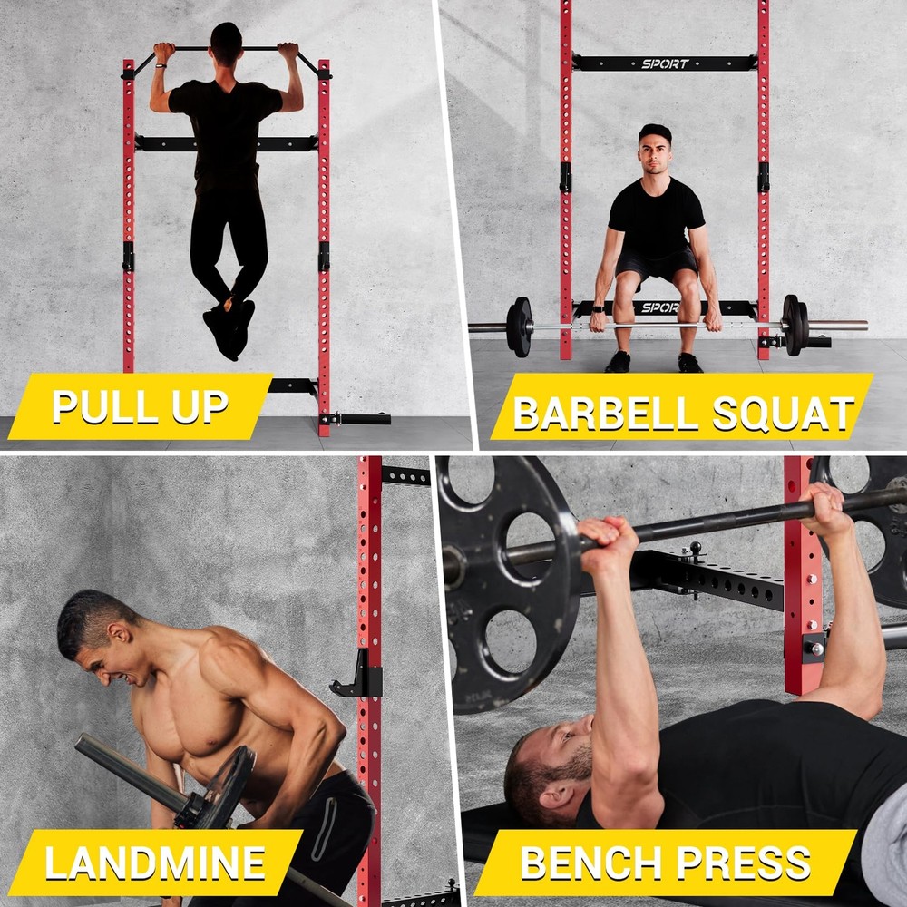 Foldable Squat Rack 1000 LBS Capacity Space-Saving with Pull-Up Bar Wall Mounted