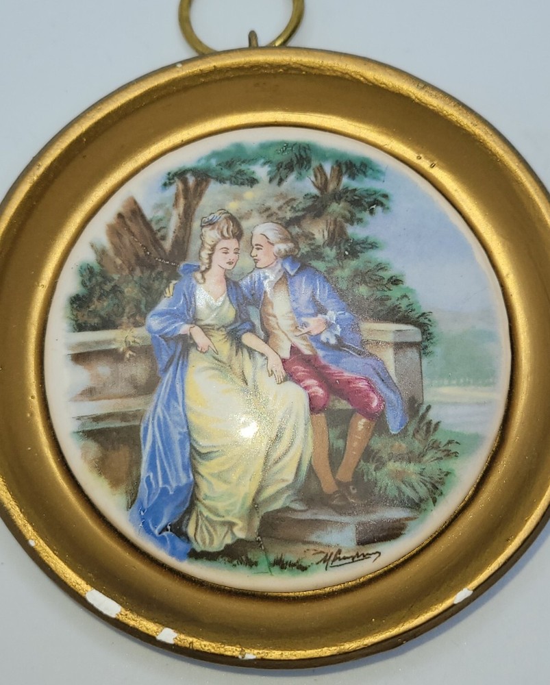 Victorian Hand Painted Courting Scene Tile • Chalkware Frame Wall Plaque •Signed