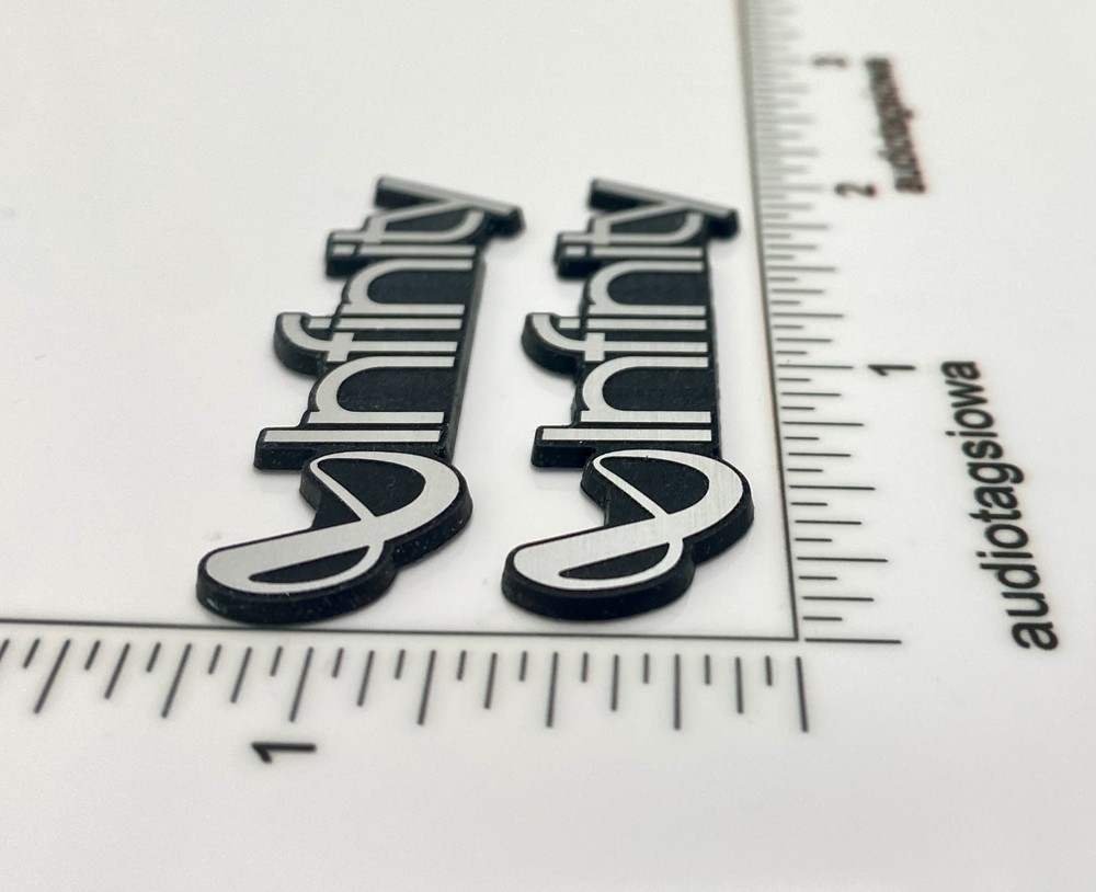 Infinity Speaker Badge PAIR Custom Incised Silver Acrylic Self Stick