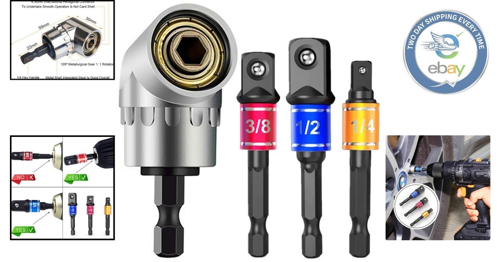 Hex Shank Socket Adapter Set - 3Pcs Impact Grade with 105° Right Angle Drive Bit