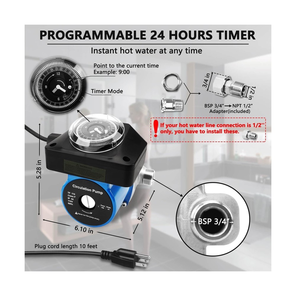 Hot Water Recirculating Pump with Timer Recirculation System & BSP 3/4" w/NPT...