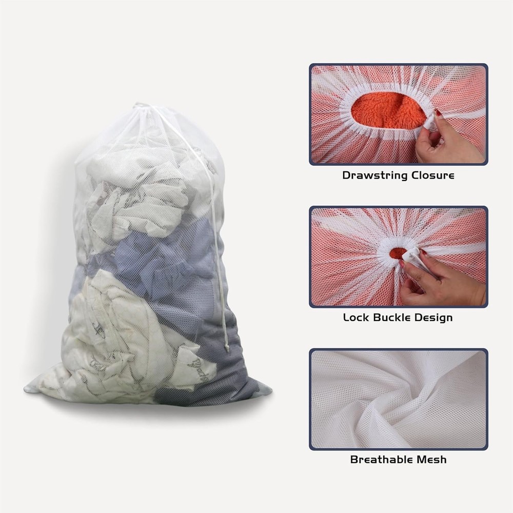 2-Pack Large Mesh Laundry Bags 24"x36" Heavy Duty Drawstring Lockable White