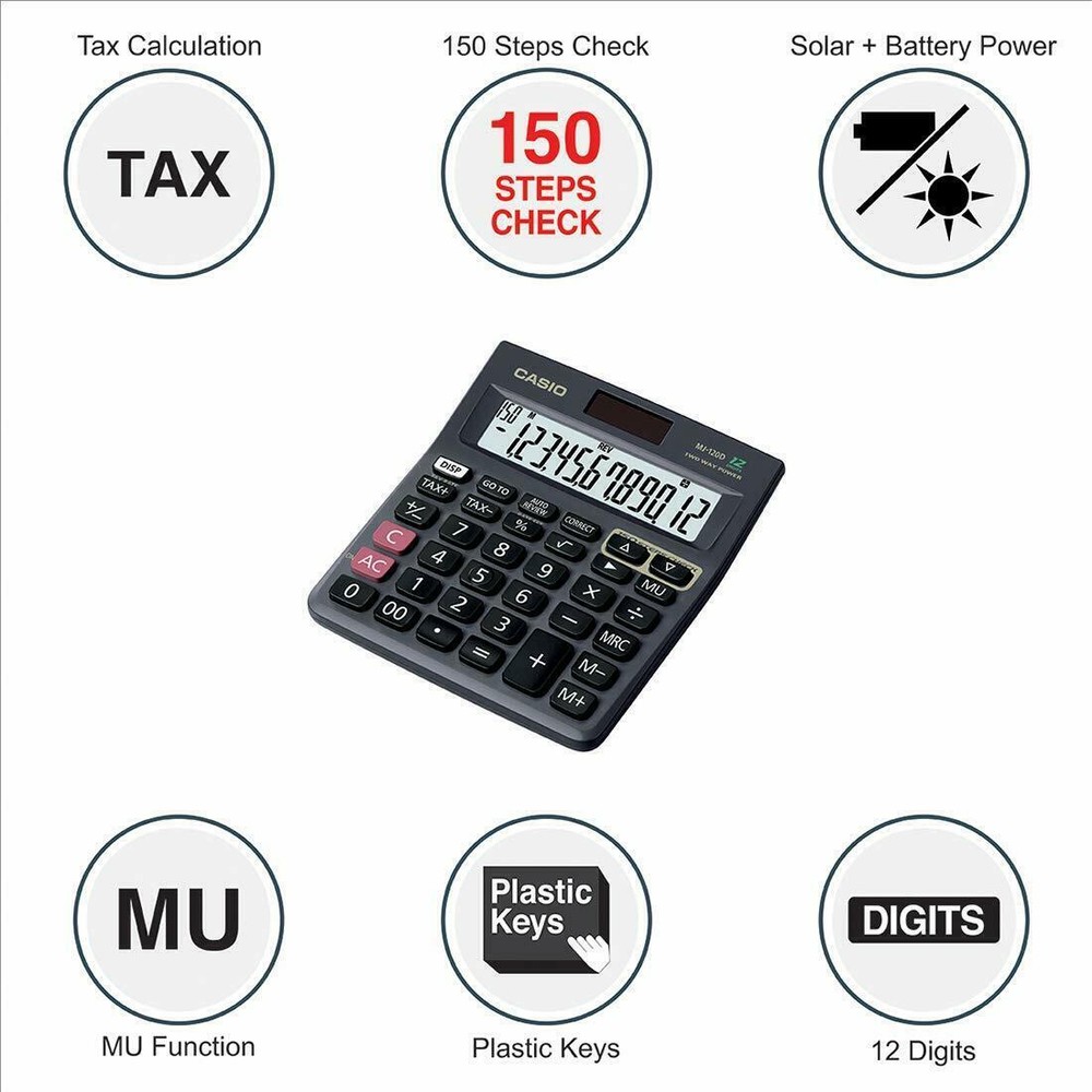 Casio MJ-120D Standard Function Desktop Calculator 12 Digits Solar and Battery