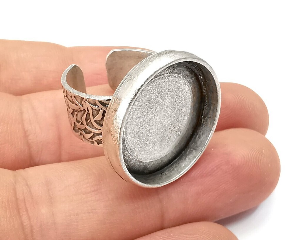 Round Antique Silver Ring Blank Setting, Cabochon Mounting Adjustable Resin Ring