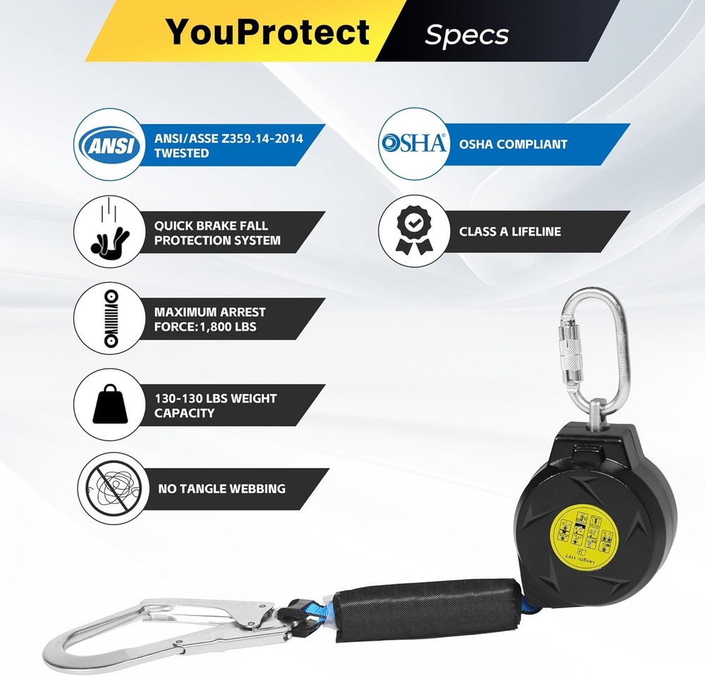 11FT Self Retracting Lifeline Fall Protection Retractable Lanyard, Fall Arrest S