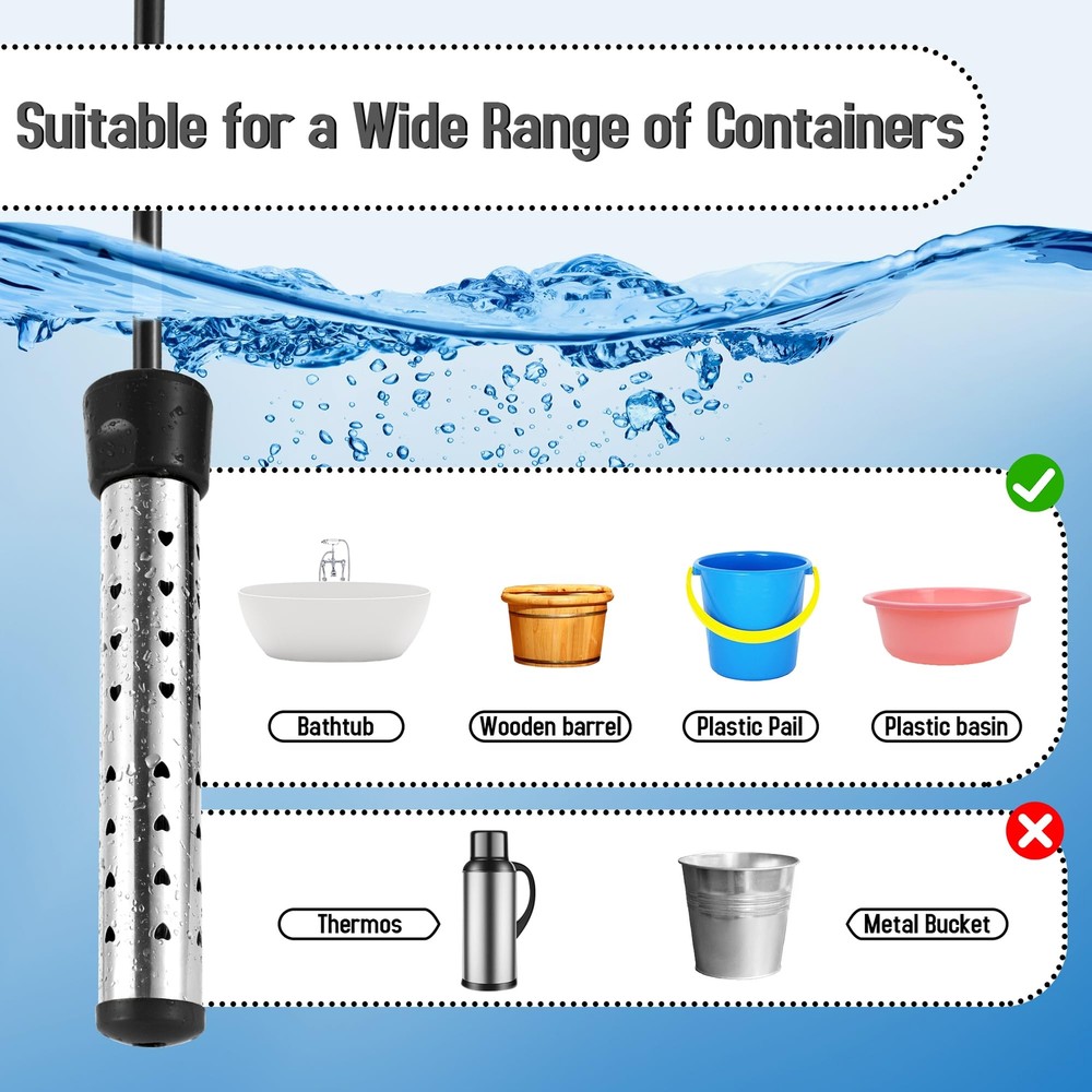 1500W Stainless Steel Water Heater Portable Bucket Heater for 5 Gallon