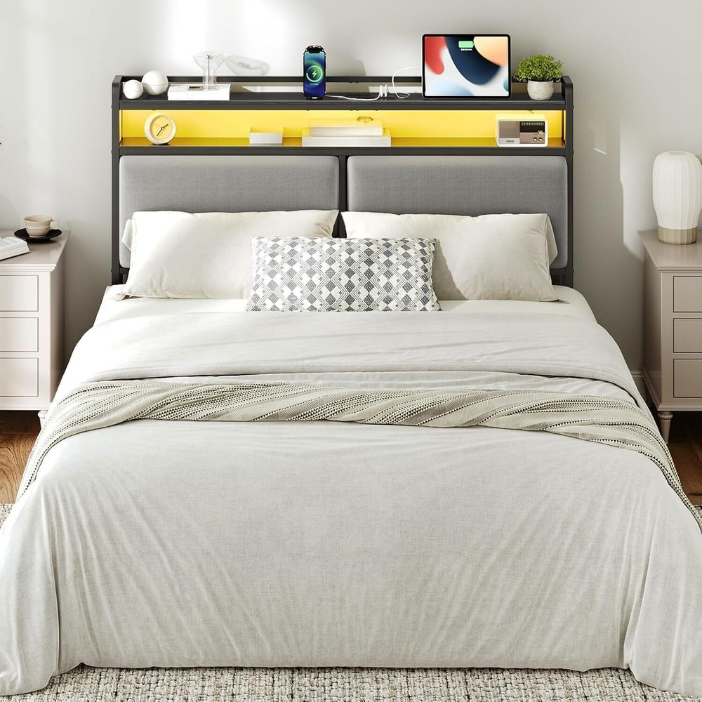 Queen Size Upholstered Headboard Storage Headboard w/Adjustable LED Lights Black