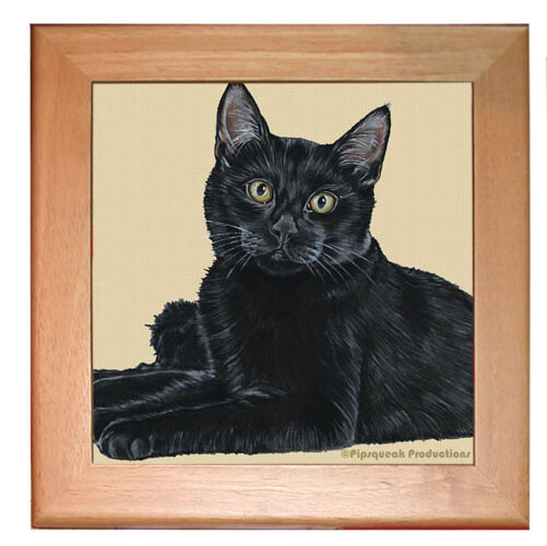 Black Cat Kitchen Ceramic Trivet Framed in Pine 8" x 8"