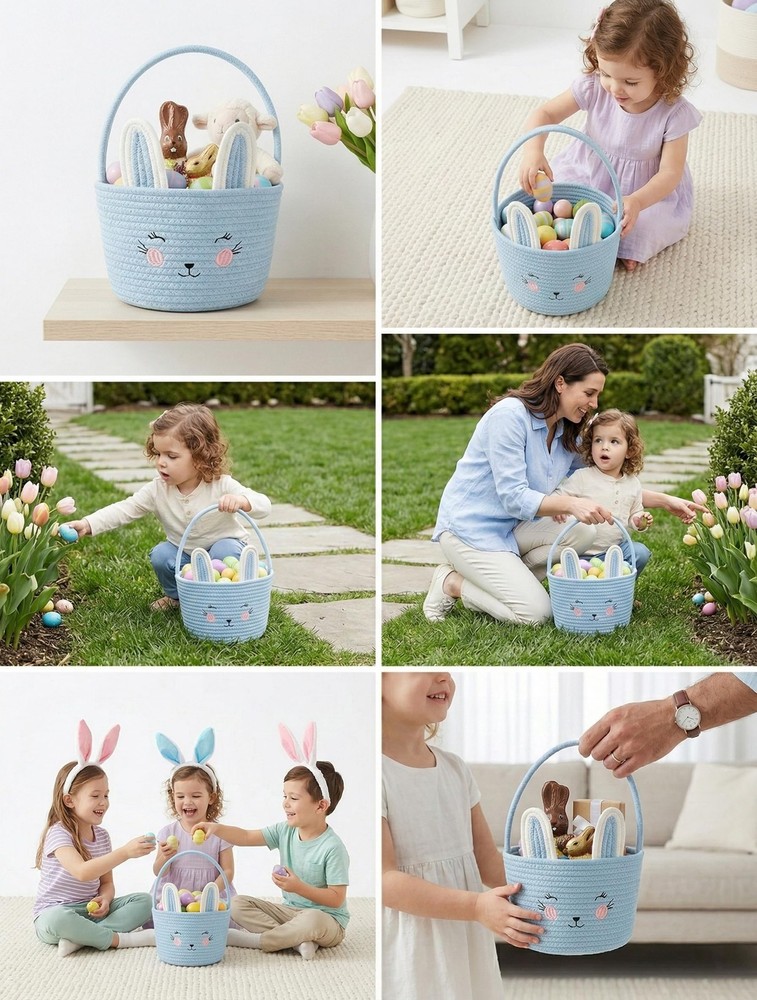 PopMeme Easter Basket, Easter Bunny Baskets with Handle, Cute Woven Cotton Ro...