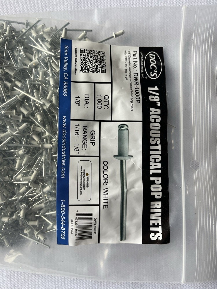 Docs 1/8 inch pop rivets 1000 quantity DWR-1000p