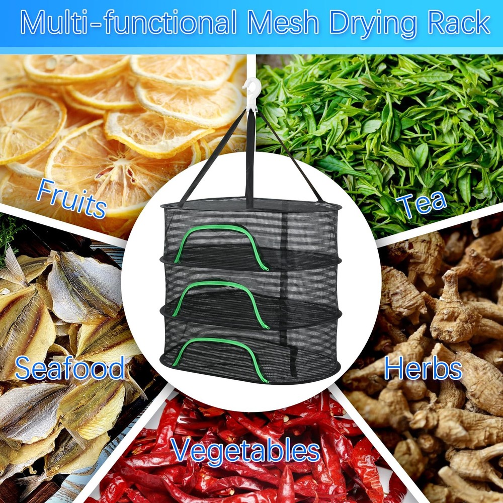 Hanging Drying Rack, Foldable Mesh Drying Net 3 Layers Hanging Dry Basket wit...