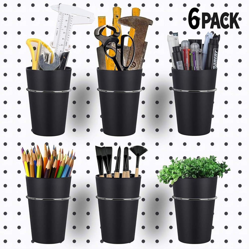 6 Set Ring Style Pegboard Hooks with Cups - Durable Storage for Crafts & Garage