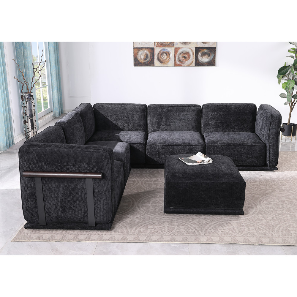 120 Inch Black Chenille Modular Sectional Sofa, Square Arms, Split Back, Modern