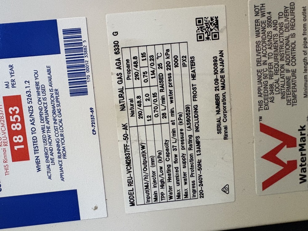 Rinnai INFINITY Internal 28L 50°C Continuous Flow Water Heater PG INF28IL50