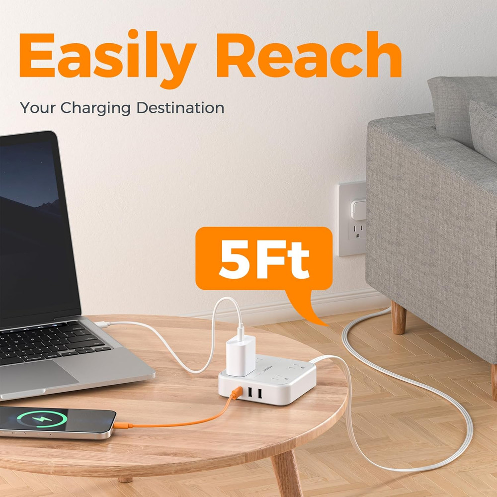 Flat Plug Extension Cord 5 Ft, Surge Protector Power Strip Ring Pull with 3 USB