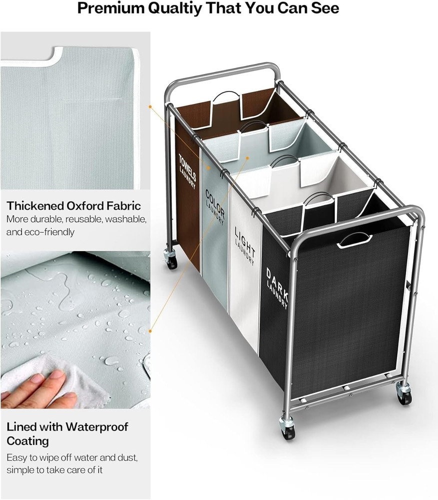ROMOON Laundry Hamper Sorter Cart: 4-Section Organizer