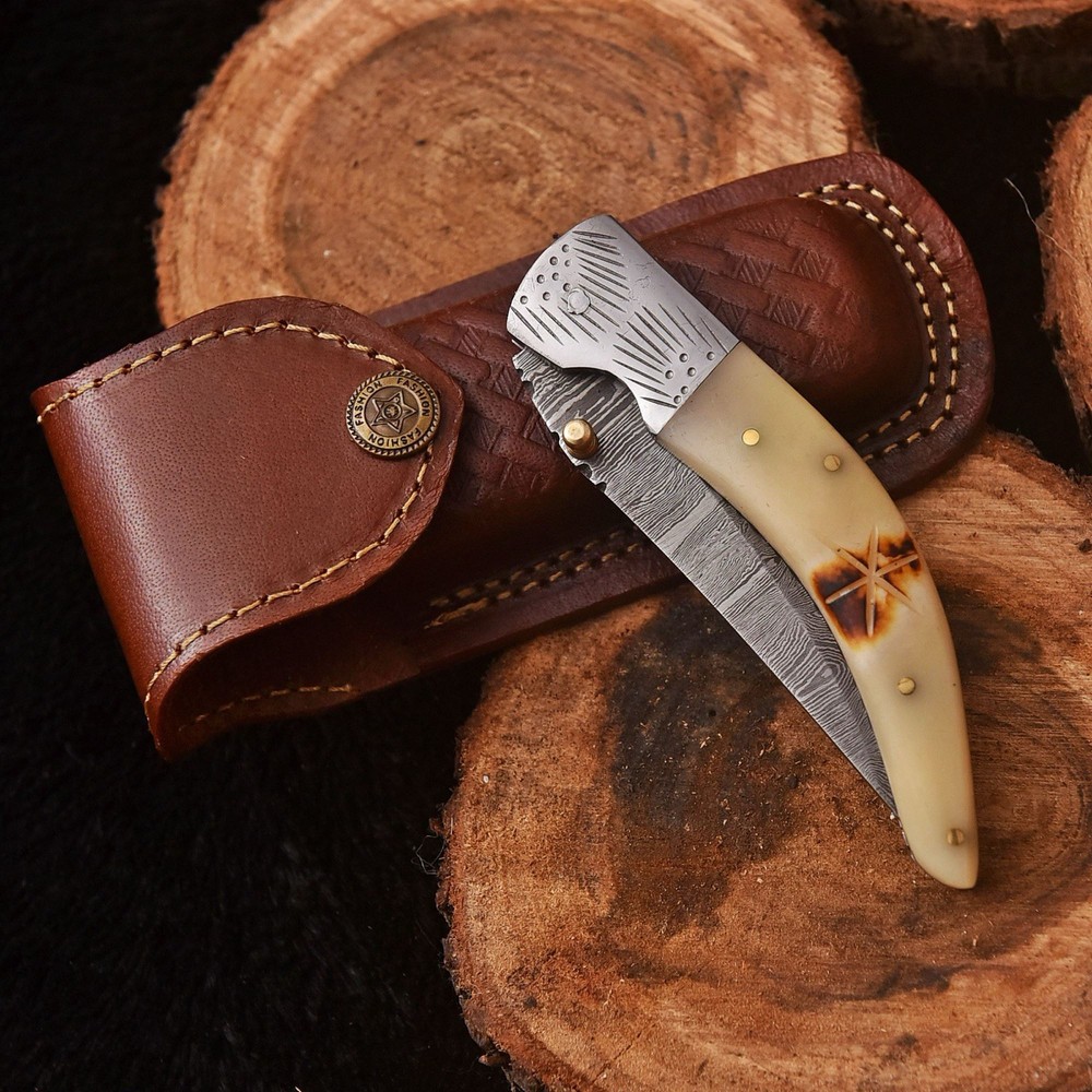 Custom Made Folding Blade Pocket Knife Camel Bone Handle