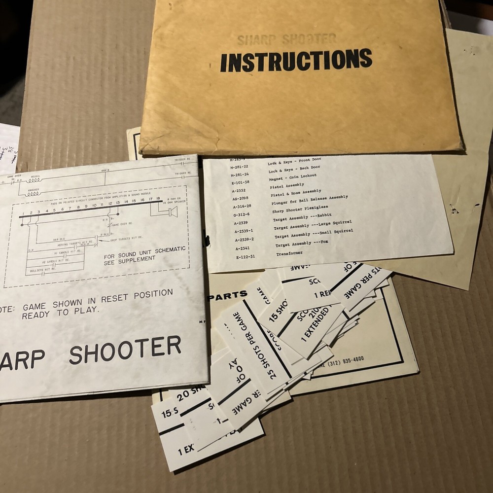 original Sharp Shooter Gun Chicago Coin Set arcade game Owners manual