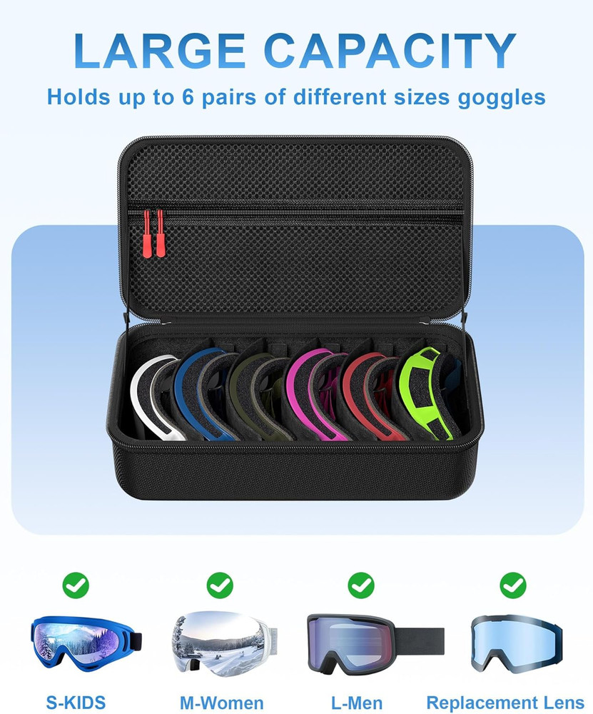 Ski Goggles Hard Travel Case with Multi-Compartment and Handle - Black