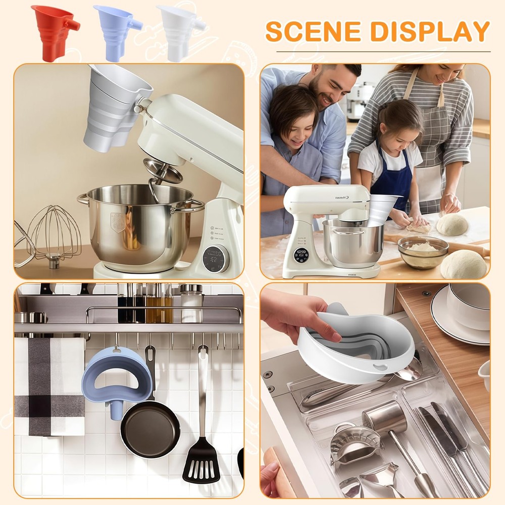 Silicone Foldable Flour Funnel for Kitchen Aid Mixer,Easy Pour No-Mess Attach...