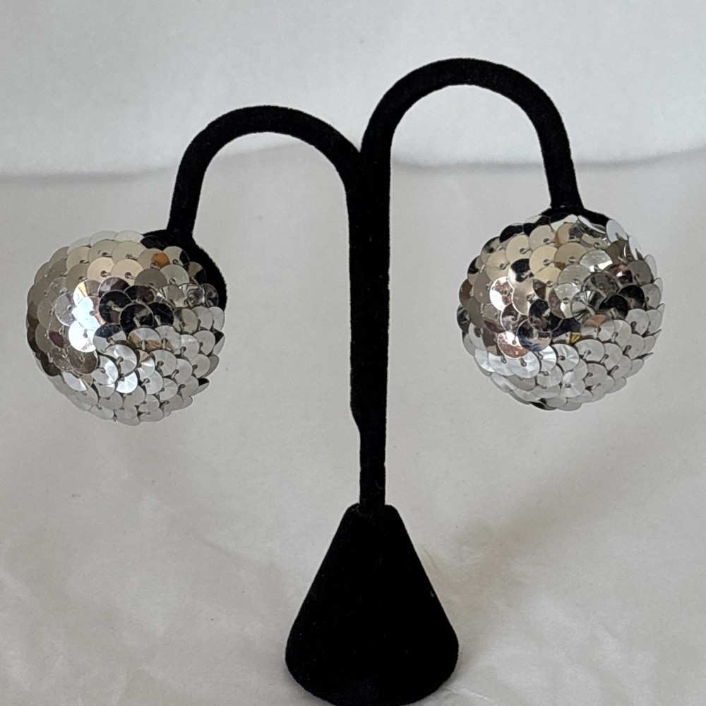 Silver Sequin Dome Button Clip-on Earrings Disco Vintage 70s