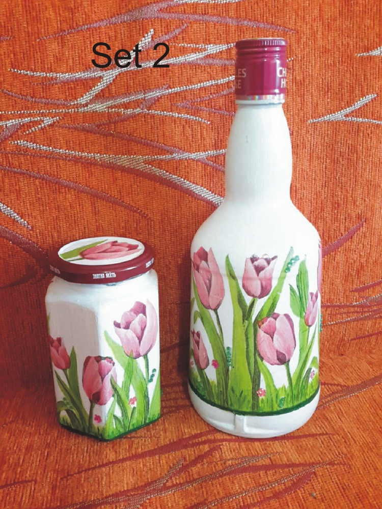 BOTTLE + BOARD OR BOTTLE + JAR ARTISTIC DECOUPAGE PAIRS