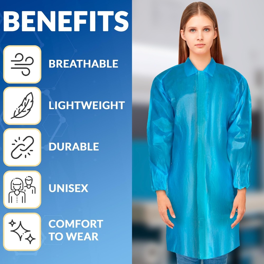 50-Pack XL Blue Disposable Lab Coats, Polypropylene with Hook & Loop
