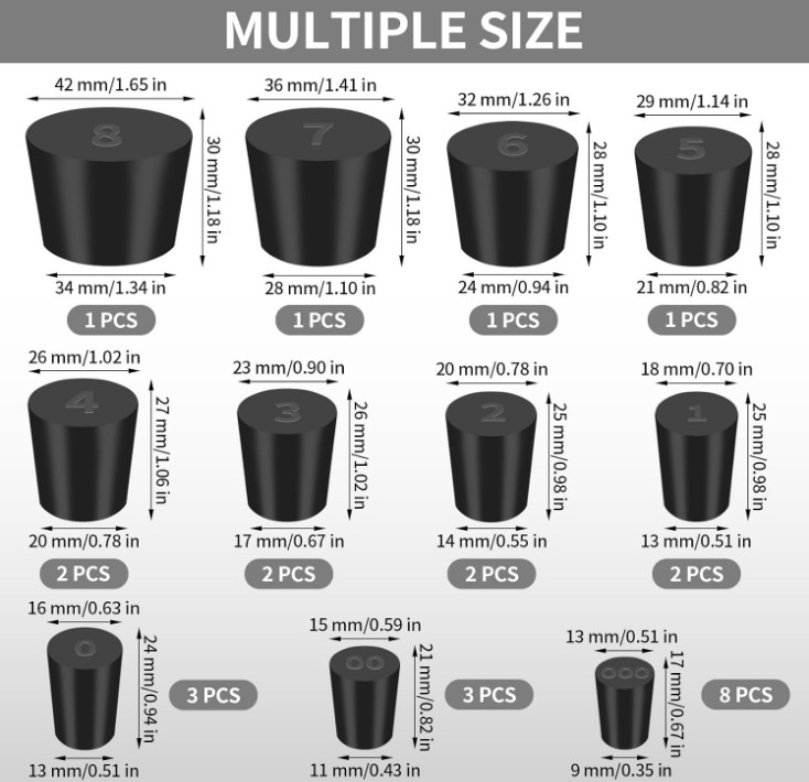 26 Pack Solid Rubber Stoppers 11 Assorted Sizes Stopper Plugs, 000# 8# Size...