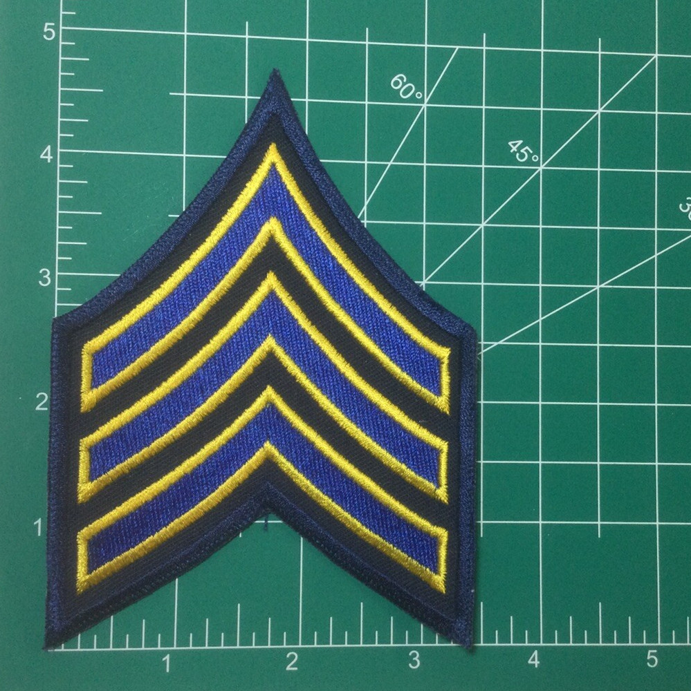 (2) Sergeant Chevron - 3 Yellow/Royal Stripes on Dark Navy - 3.5" Wide