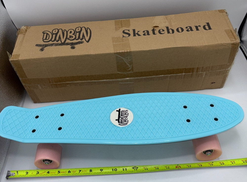 DINBIN 22" Cruiser Skateboard Blue Deck Pink Wheels Complete Board