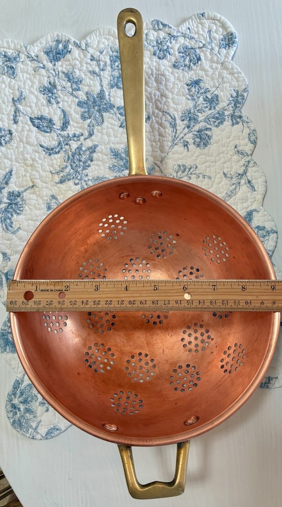 Large 9” Copper colander Cobre Chili solid Brass Accents Signed 6.5” Handle