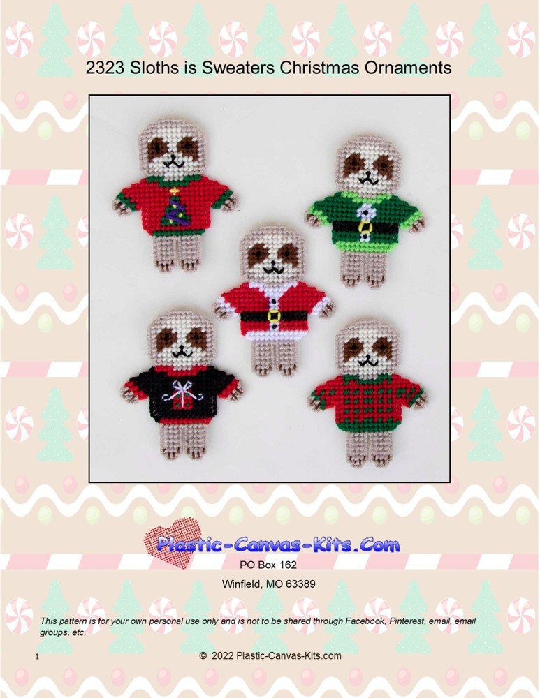 Sloths in Sweaters Christmas Ornaments- Plastic Canvas Pattern or Kit