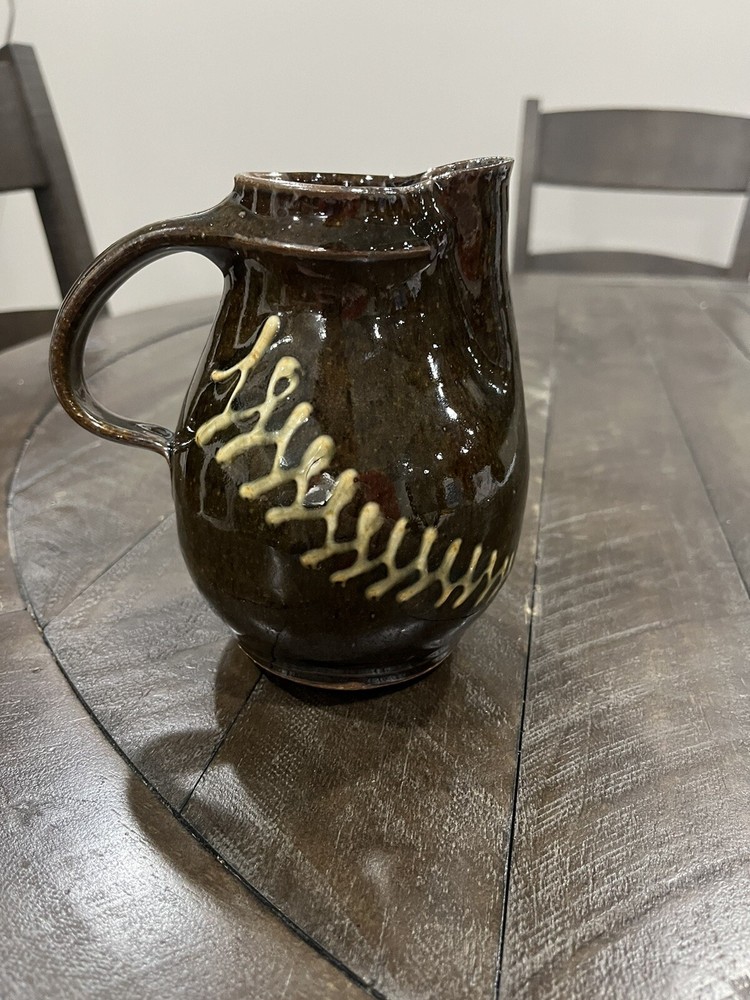 Duel Art Pottery Brown Pitcher Glazed Zigzag Design Studio Handmade Signed