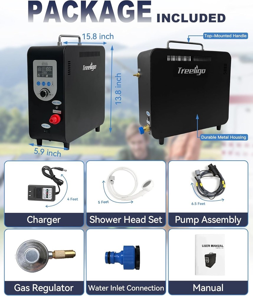Treeligo Portable Propane Water Heater with Rechargeable Battery