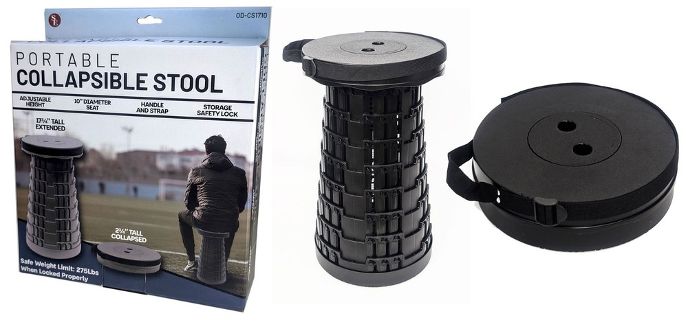 Portable Collapsible Black Stool With Handle, Strap & Storage Safety Lock