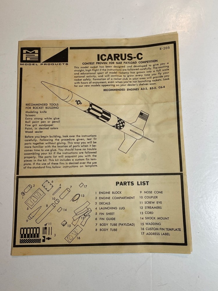MPC Flying Model Rocket Icarus-C Instructions VG Shape Estes