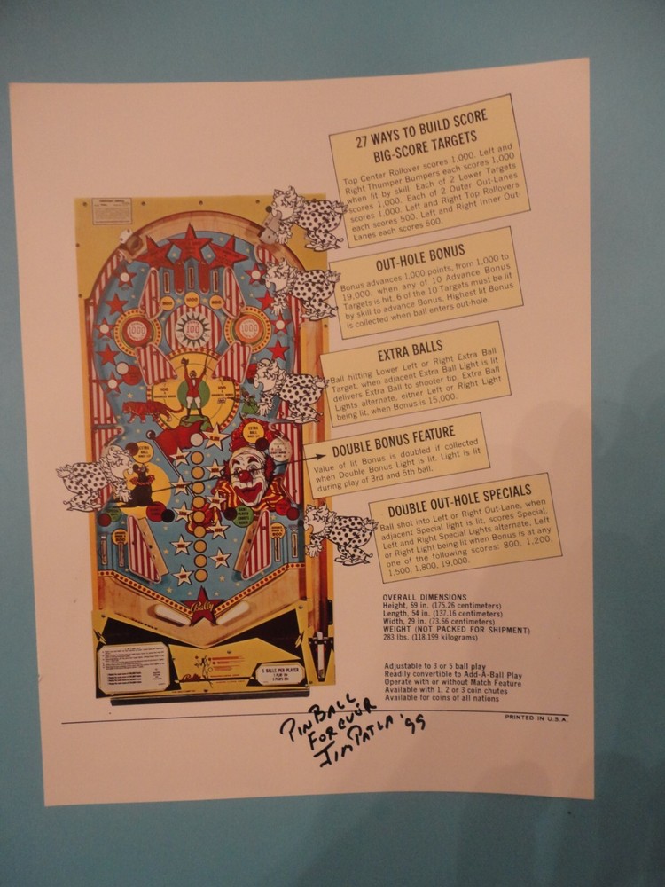 Circus Pinball Machine Flyer Bally Original Autographed Brochure