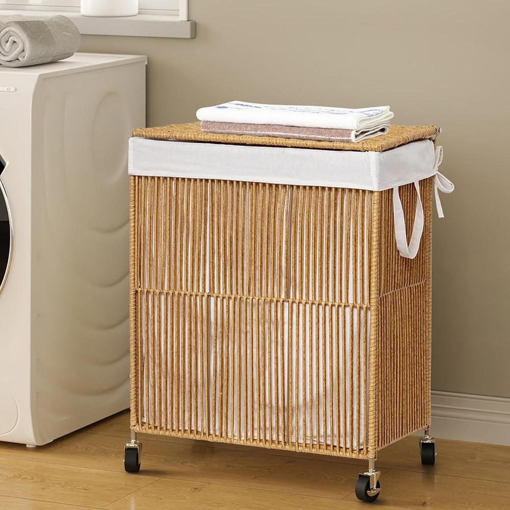 Handwoven Rolling Laundry Basket with Lid, with Divided Removable Liner Bag