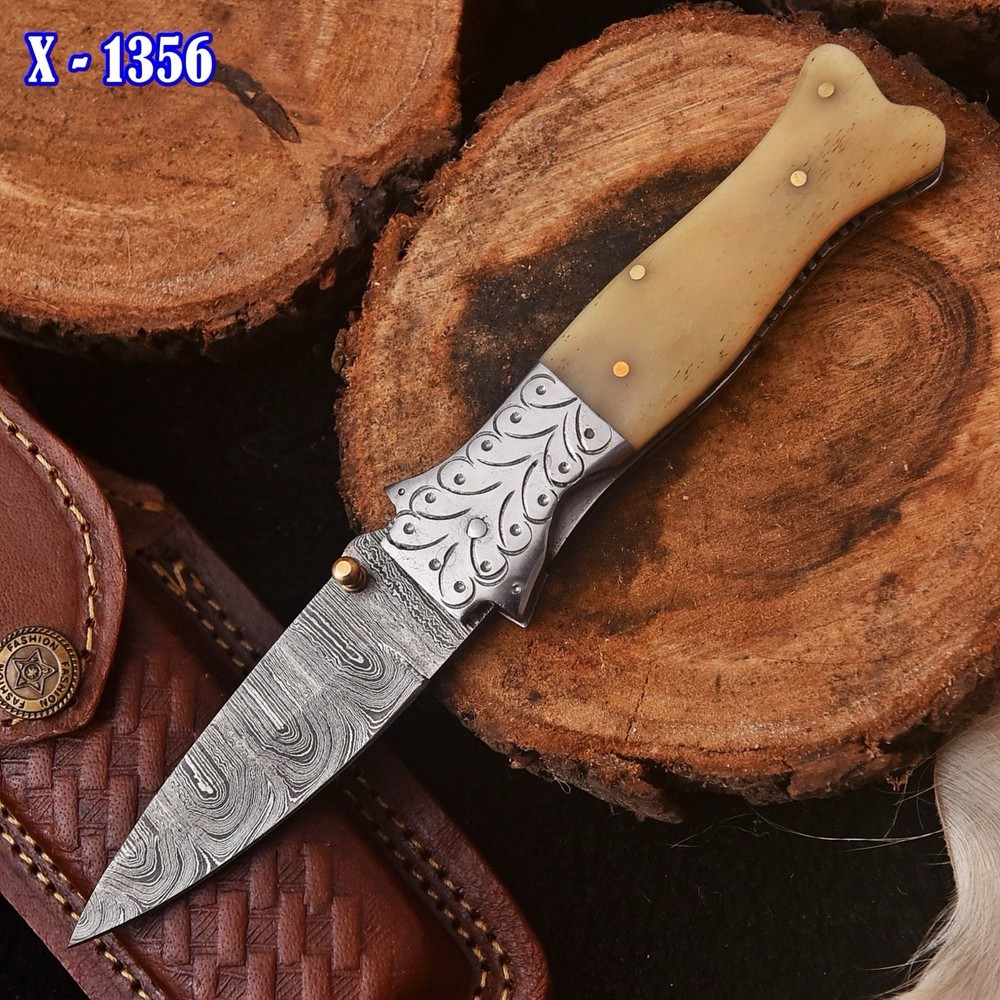 EDC Handmade Folding Blade Pocket Knife Hunting Tactical - Camel Bone Handle