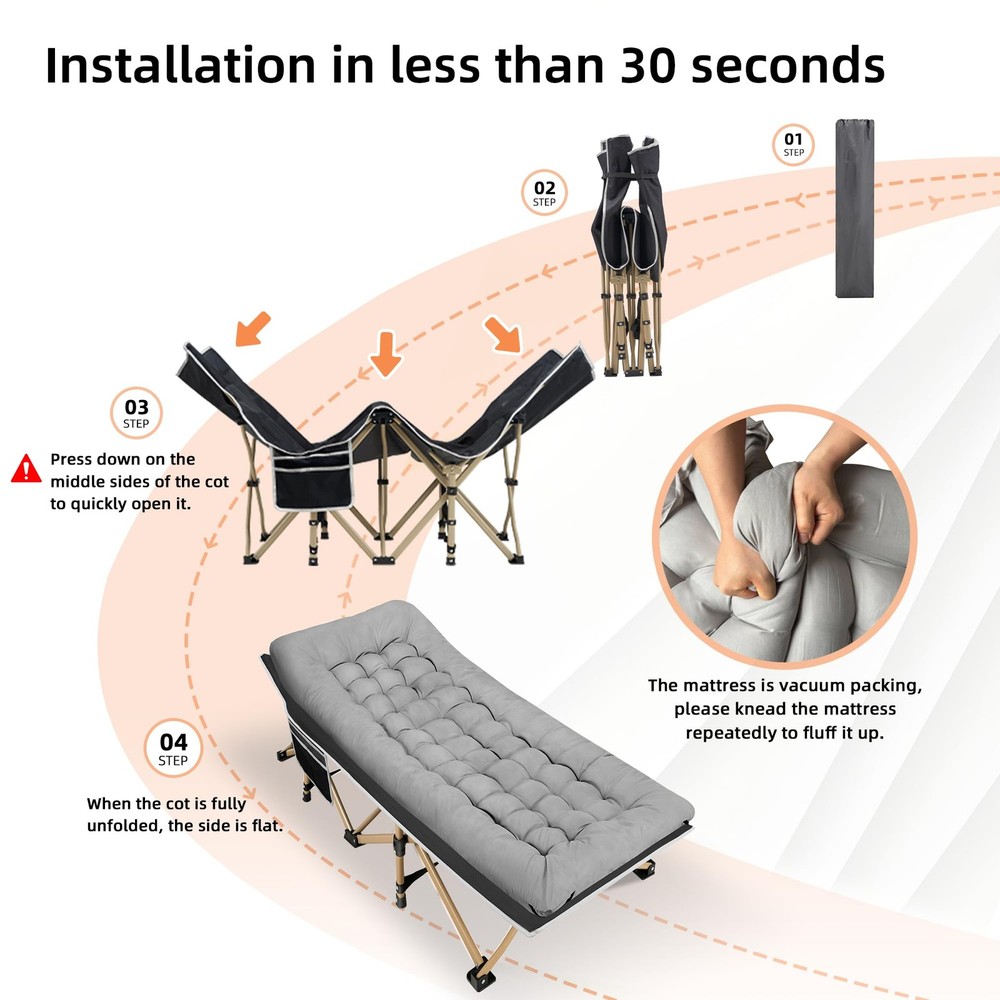 Portable Camping Cot, 600LBS Max Load, Extra Wide with Thick Mattress, Foldin...