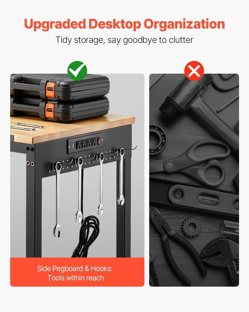 48in 2000lb Workbench with Power Outlet & Pegboard, Oak Top, Adjustable